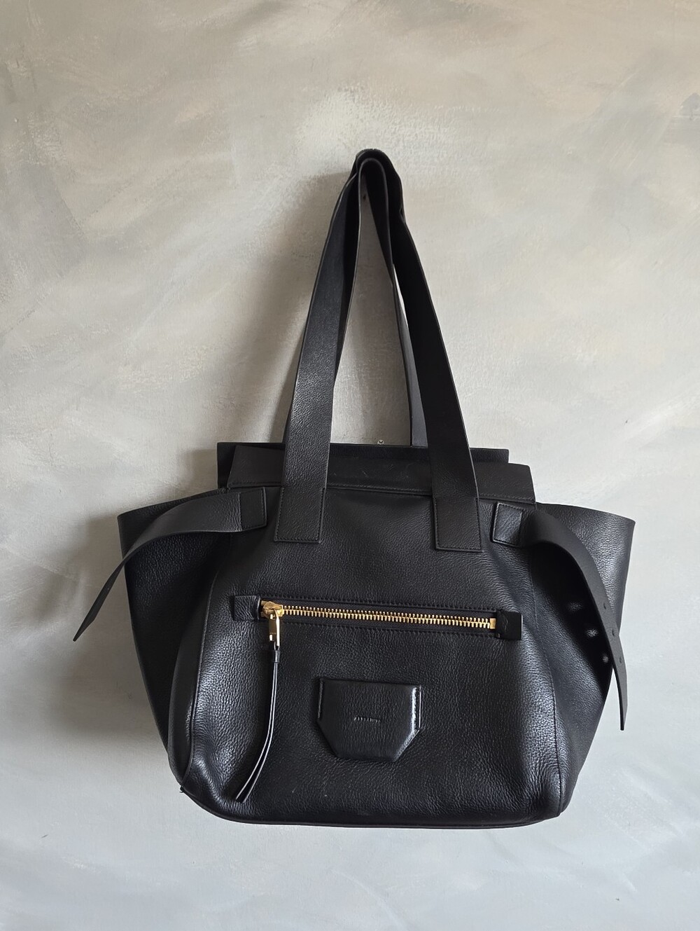 AllSaints Perez Black Pebbled Leather Shoulder Tote